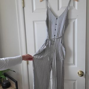 striped wide leg jumpsuit with tie belt size L